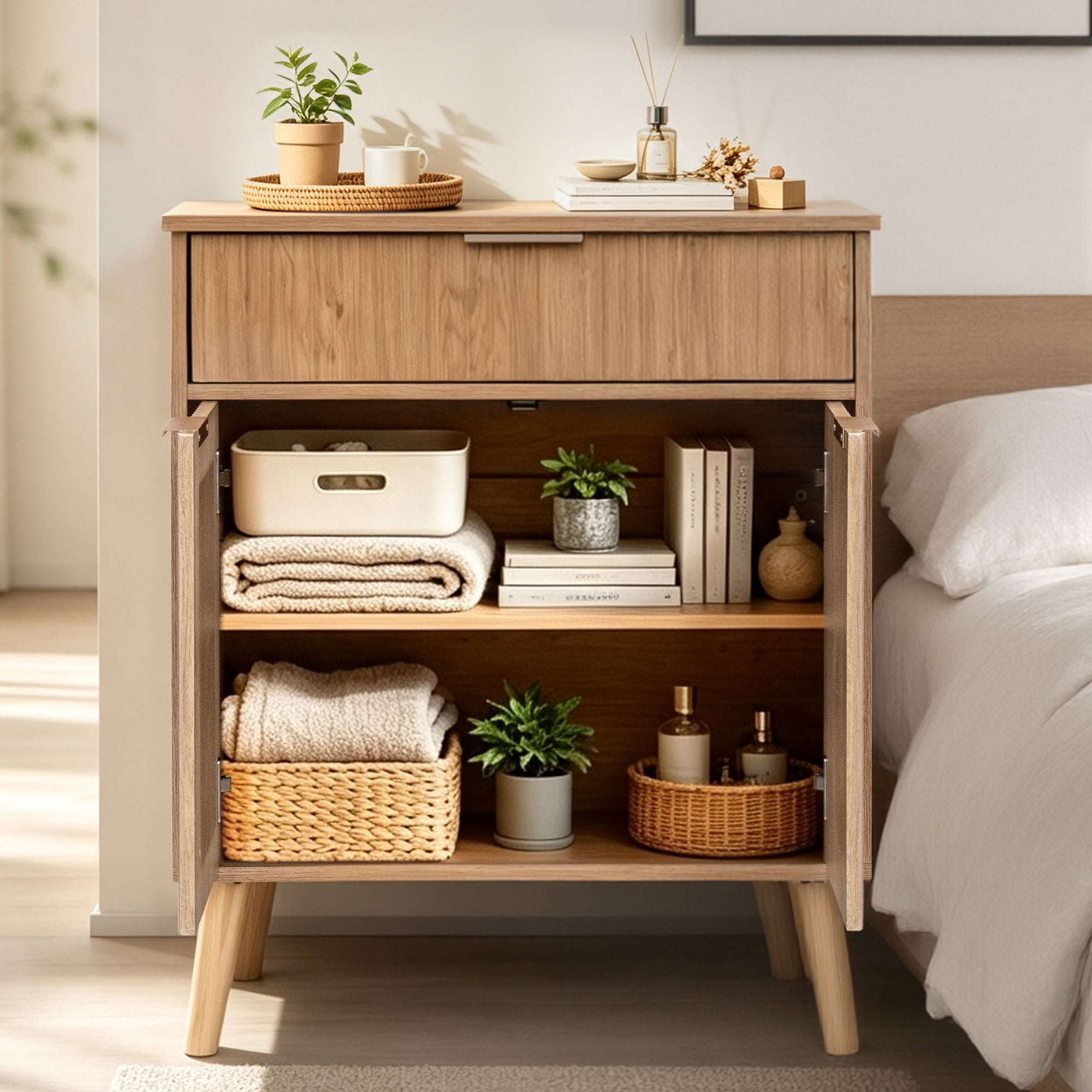 Kitchen Storage Cabinet, Adjustable Shelves , Storage with 1 Drawers and 2 Doors, Cabinet with Solid Wood Feet,Floor Sideboard Buffet for Living Room, Living Room, Kitchen, Entryway,(Natural Color)