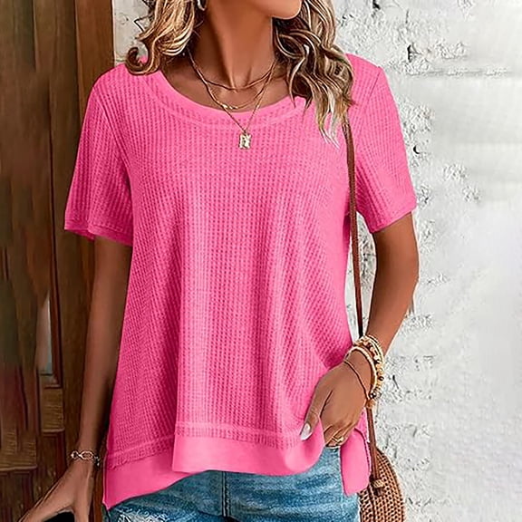 Women Tops Sawvnm Women's Summer Casual Splicing Fake Two-piece T-shirt Short Sleeved Round Neck Top/shirt under $5.00 Hot Pink L