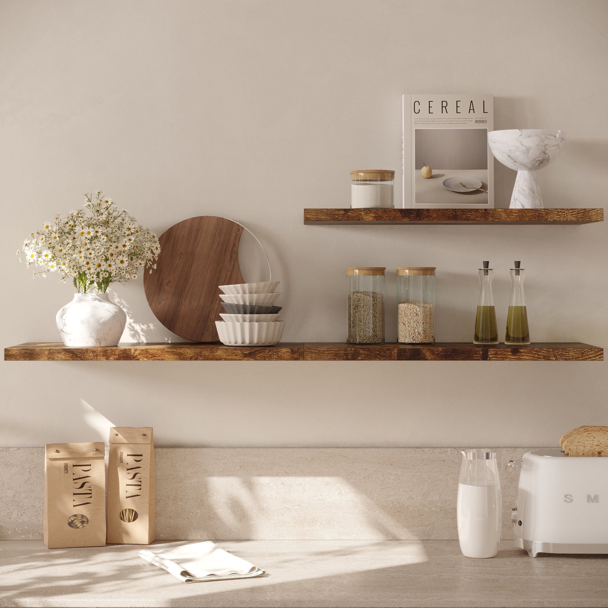 LANDMOK 12.7 Inch Deep Floating Shelf, 24 x12 Inch Large Wall Mounted Shelf for Kitchen, Bathroom, Living Room, Rustic Brown (1 Pack)