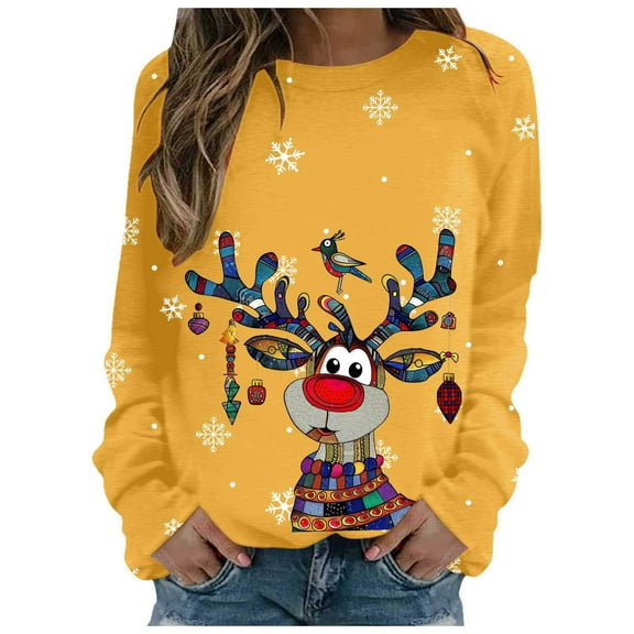 Wang6 Womens Plus Size Christmas Sweatshirts Cute Xmas Reindeer Snow Printed Long Sleeved Hoodless Tshirts Causal Black Round Neck Loose Fit Pullovers Tops Z_Yellow XL