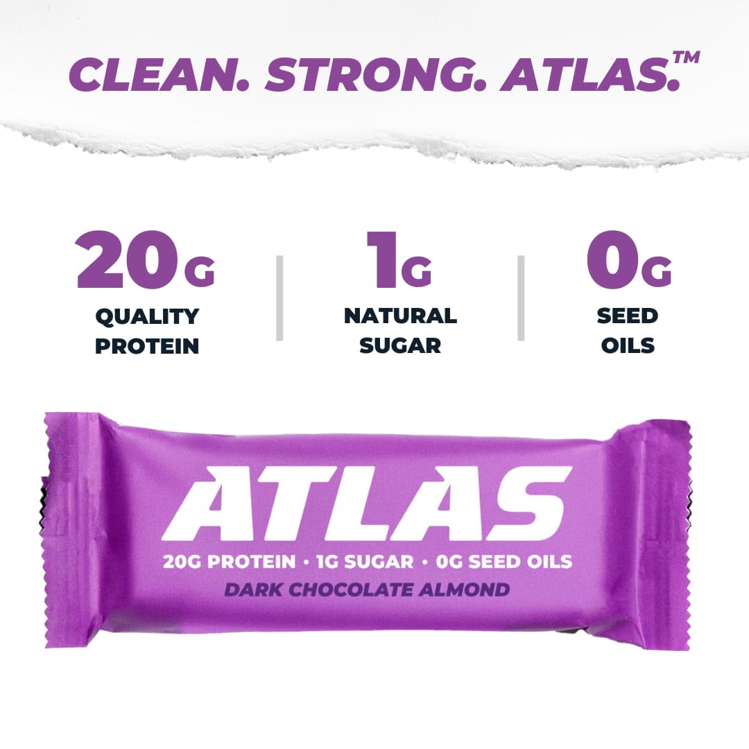 Atlas Protein Bar, Dark Chocolate Almond, 20g Protein, 1g Sugar, 0g Seed Oil, 12-Pack
