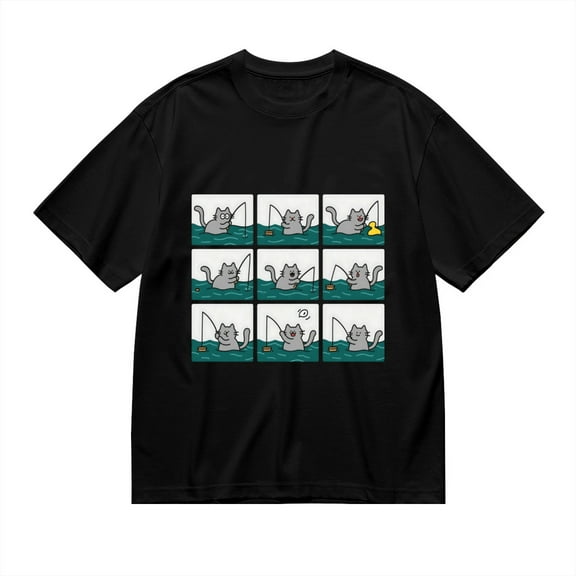 Black T Shirts for Men, Cat, Fishing, Comic Strip Graphic Mens Graphic Tees, 24898502,S