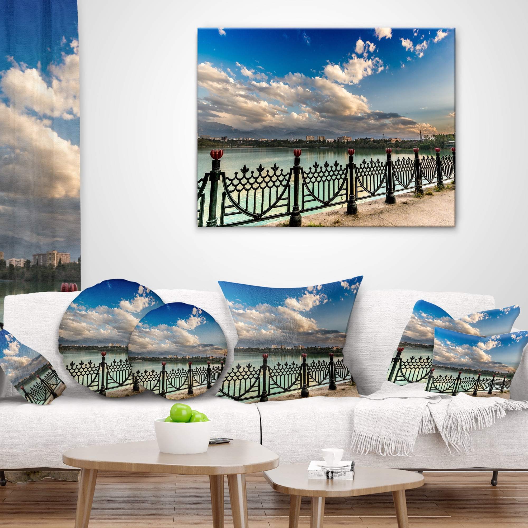 Designart City Lake Under Clouds - Cityscape Photography Throw Pillow - 12x20