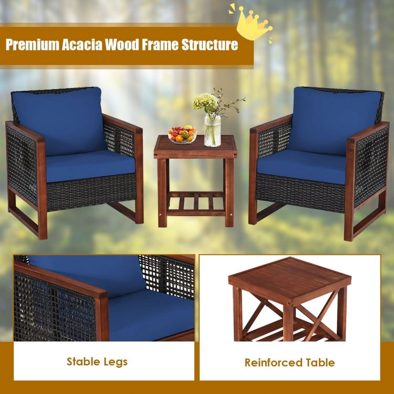 Aimee Lii 3 Pieces Patio Rattan Furniture Set with Washable Cushion and Acacia Wood Tabletop, Small Patio Set, Navy Aimee Lii 3 Pieces Patio Rattan Furniture Set with Washable Cushion and Acacia Wood Tabletop, Small Patio Set, Navy