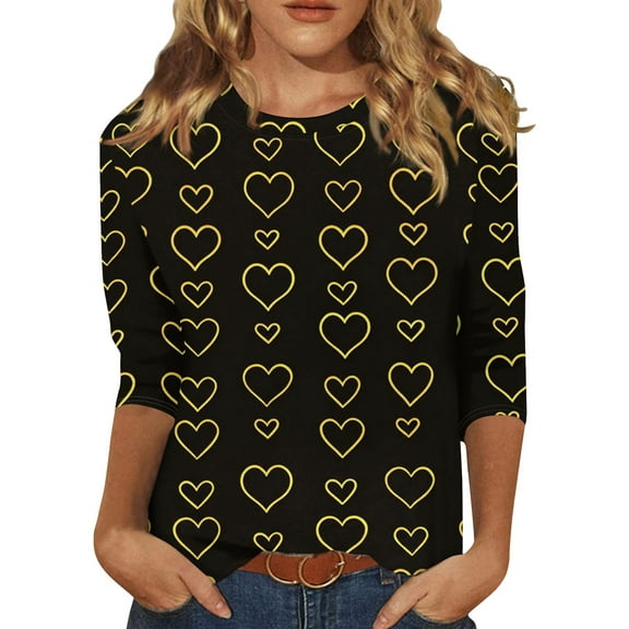 Valentine Day Shirts for Women 3/4 Sleeve Love Heart Print Blouse Crew Neck Cute Graphic Tee Summer Plus Size Tops Gold XL