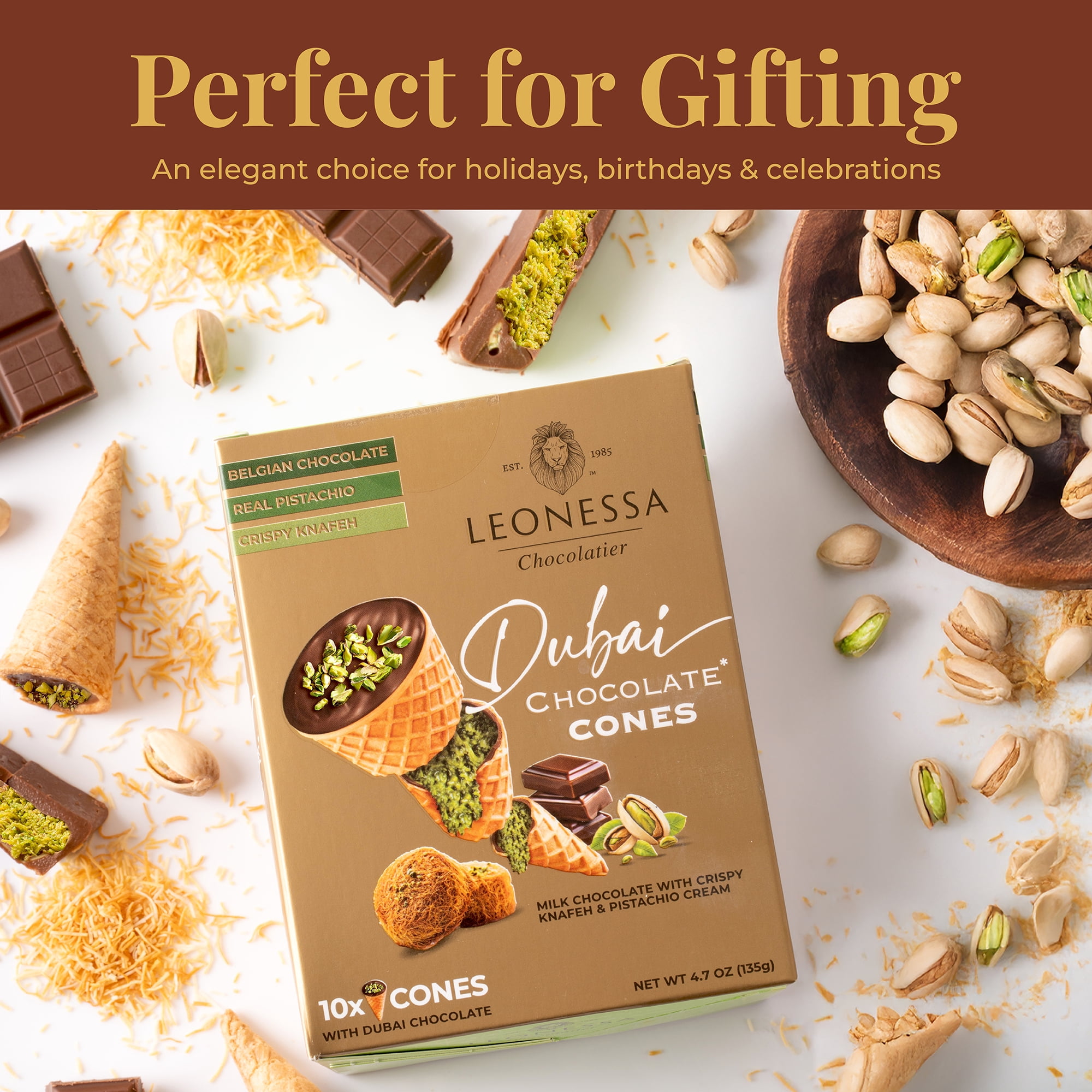 Leonessa Dubai Chocolate Cones with Pistachio Kunafa, Made with Belgian Chocolates, 4.7 oz, 10 Count