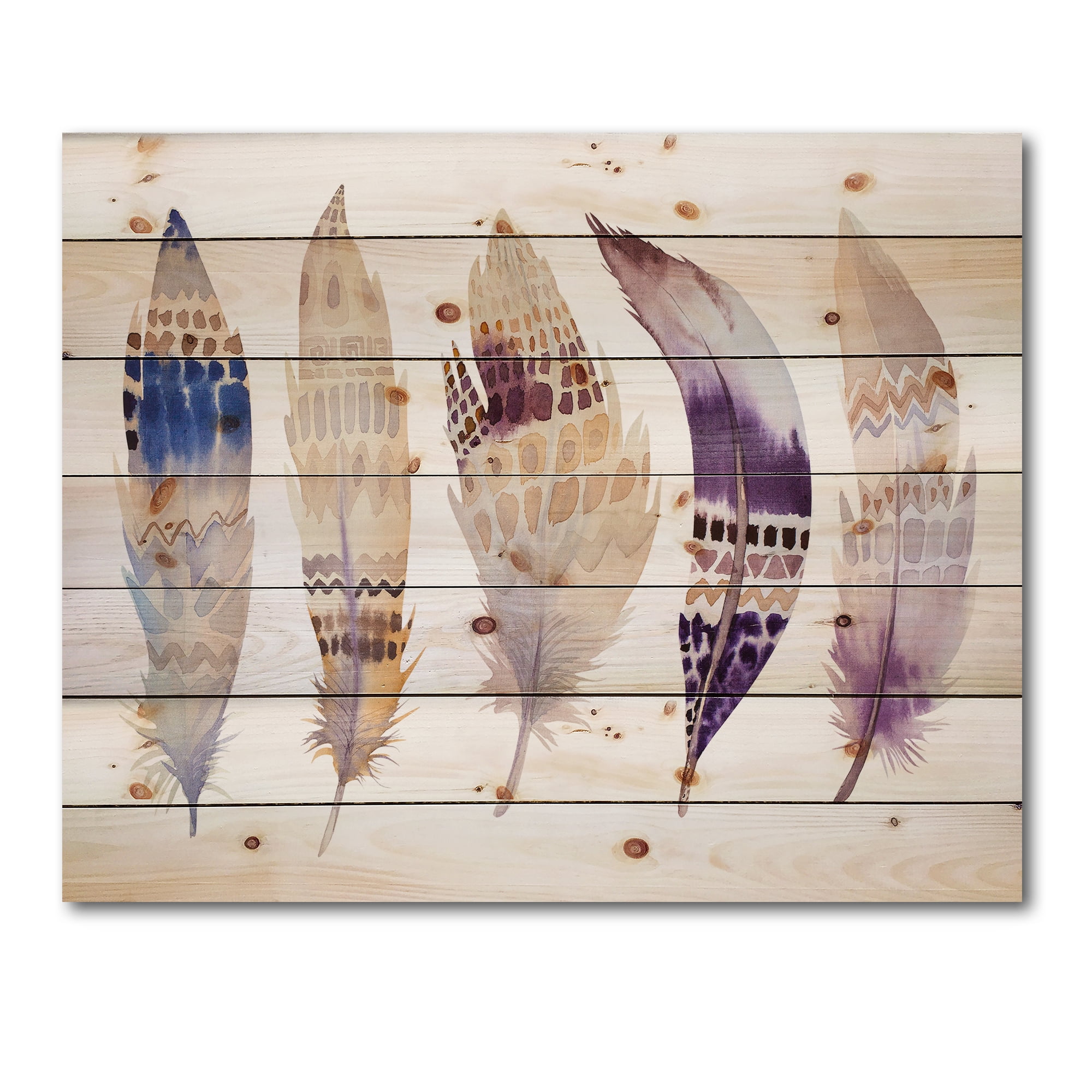 Designart 'Ethnic Purple Boho Art Feathers' Bohemian & Eclectic Print on Natural Pine Wood