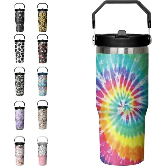 30oz Tie Dye Print Tumbler with Handle Flip Straw Tie Dye Print Coffee Mug with Handle Leak Proof Insulated Tumbler Tie Dye Gifts for Women