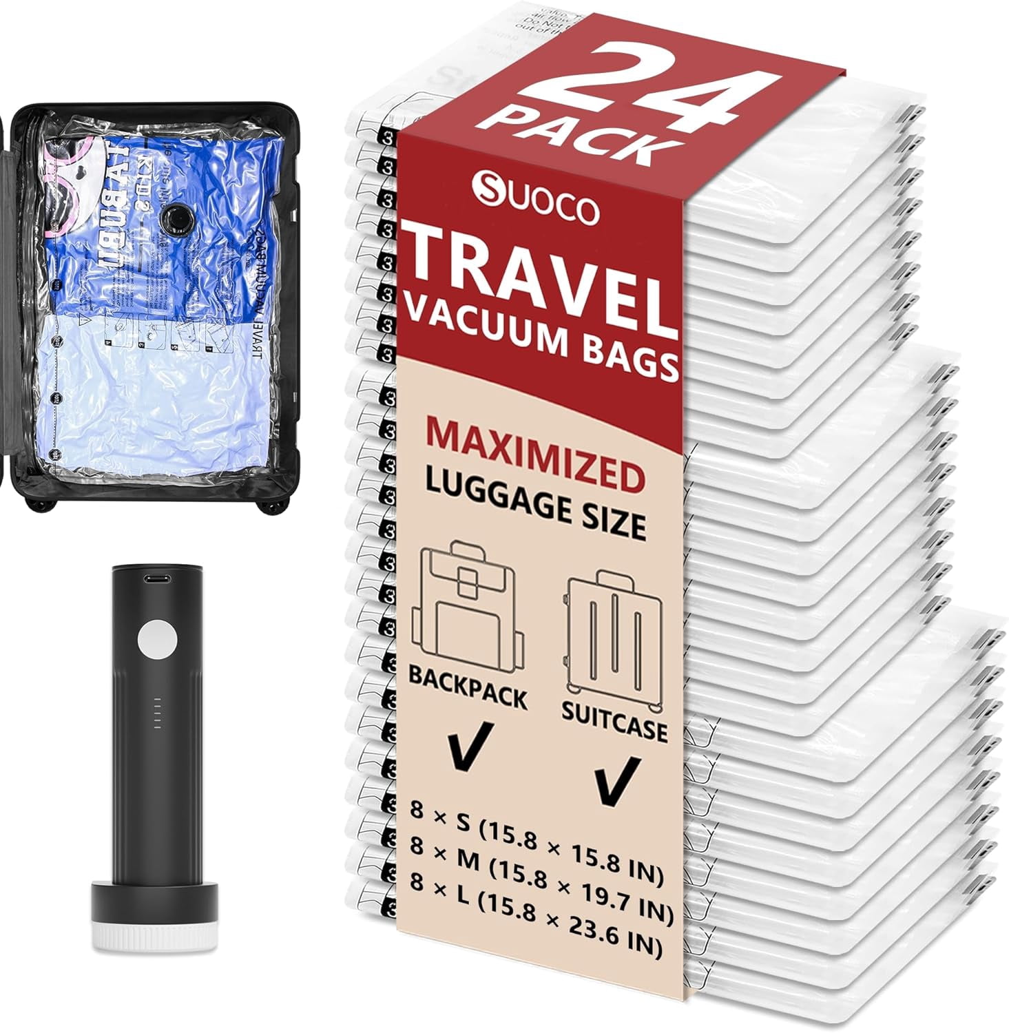 Travel Vacuum Bags for Clothing with Rechargeable Electric Pump, Compression Packing Cubes Organizer Storage for Luggage Suitcase, Space Saver Seal Bags for Vacation Cruise, 15 Combo