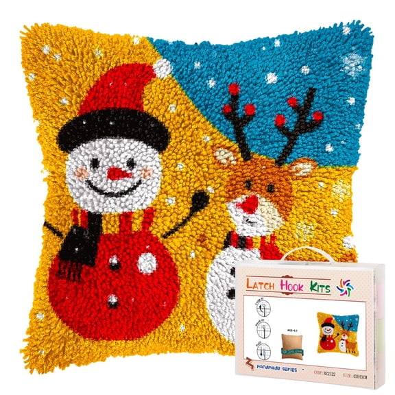 DIY Latch Hook Pillow Kits Merry Christmas Snowman and Reindeer Printed Pillowcase Crochet Yarns Hooking Handmade Pillow Cover Cushion for Home Sofa Decoration 17x17inch-2