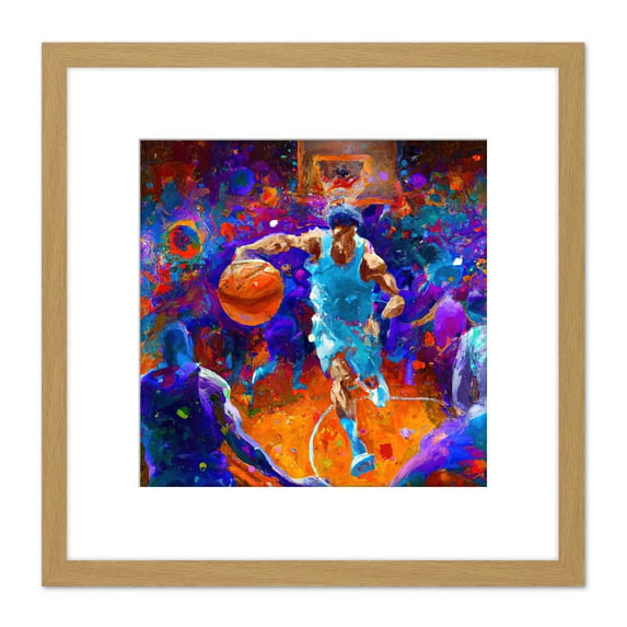 Court Basketball Baller Sport Colourful Splatter Blue Purple Painting Square Wooden Framed Wall Art Print Picture 8X8 Inch