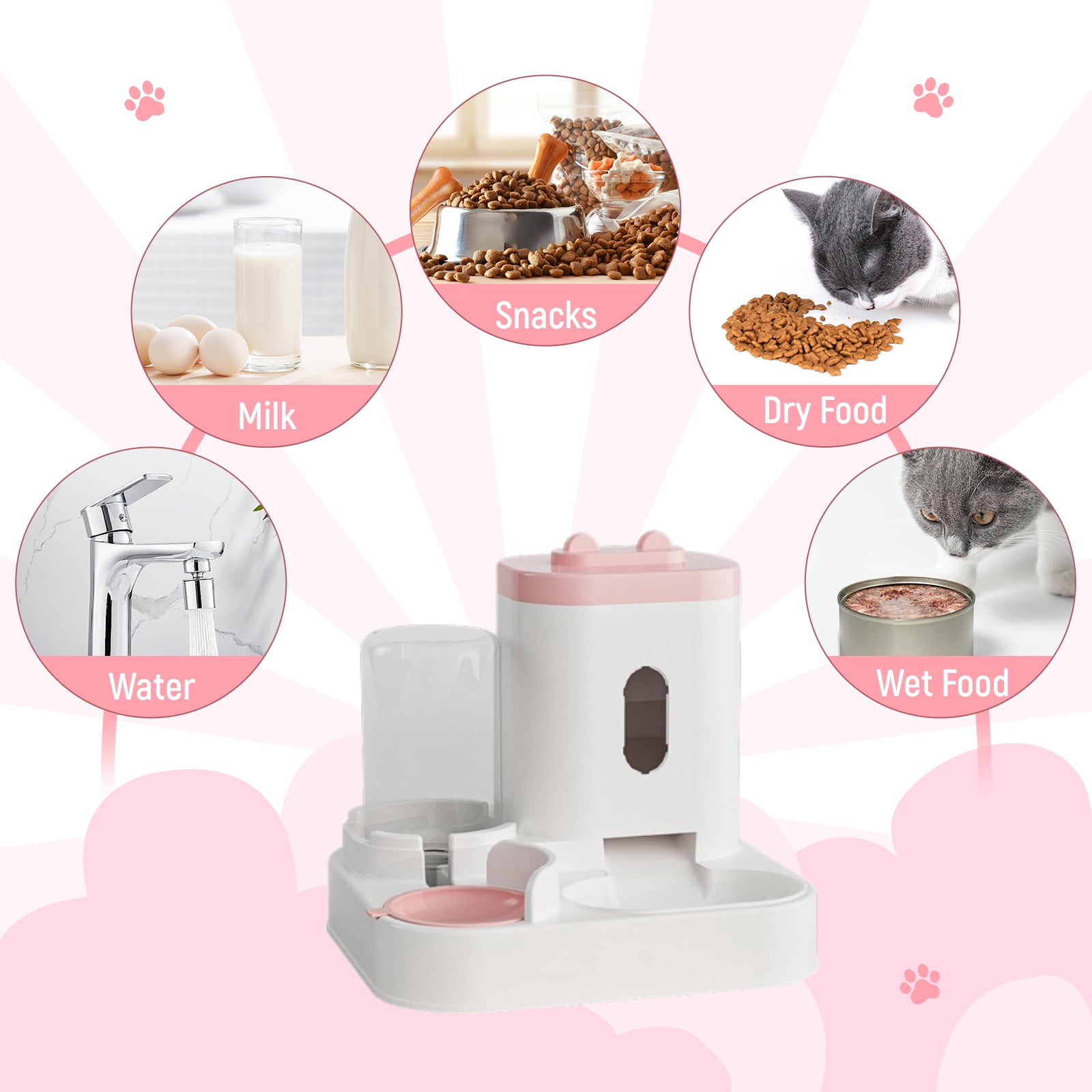 FITYLE 2 in 1 Automatic Pet Feeder Cat Food Dog Water Bowl Double Bowl Dry and Wet Separation Durability Puppy Water Dispenser for Home Pink