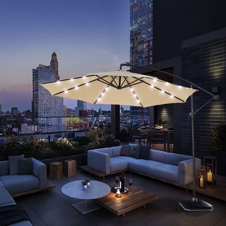 10ft Cantilever Umbrella with 24 Solar LED Lights, Outdoor Patio Offset Hanging Umbrella, Aluminum Market Umbrella with Cross Base& Crank Lift, 8 Iron