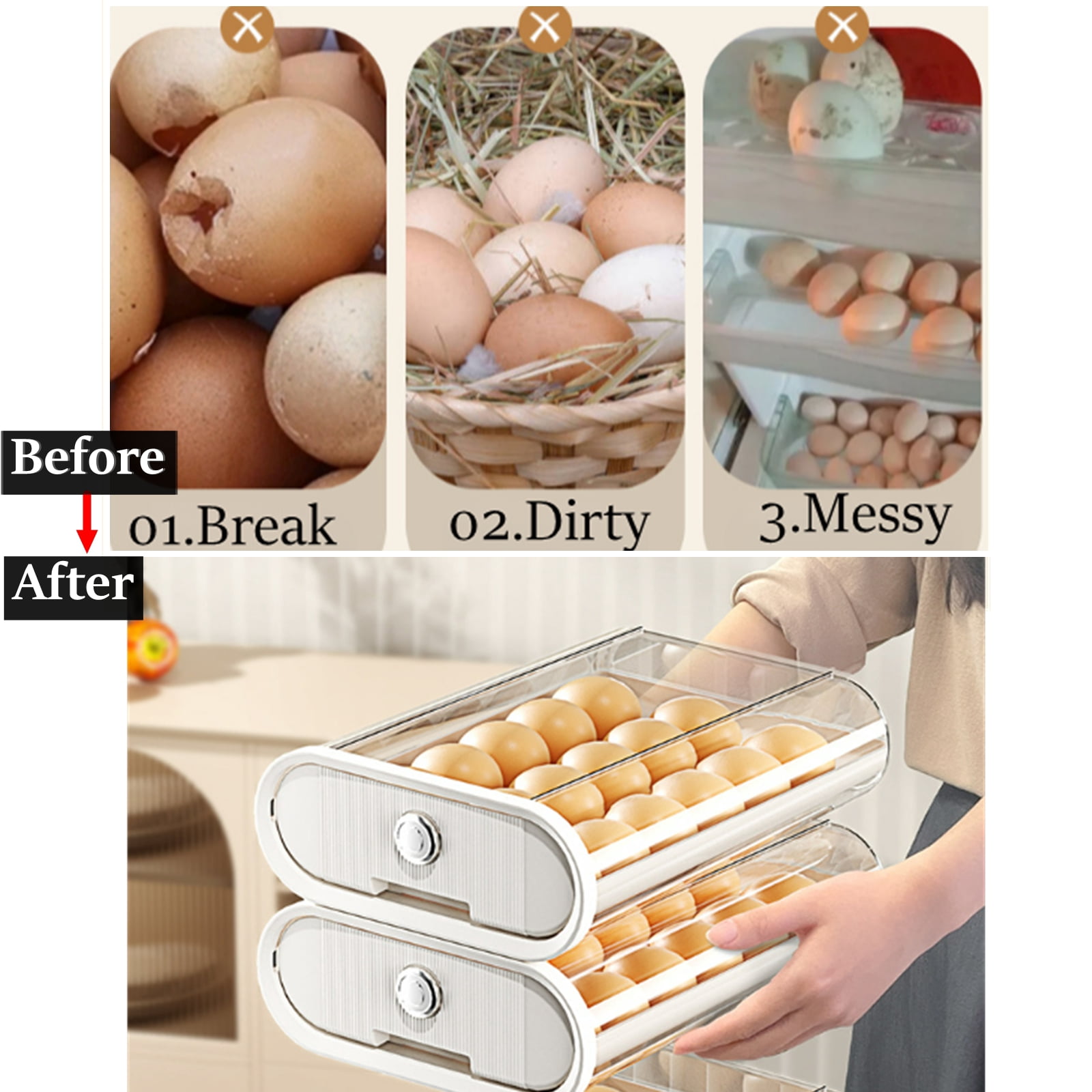 Bxaolu Egg Storage for Refrigerator, Egg Holder for Kitchen Countertop, Plastic Egg Container for Fridge, Egg Dispenser for 18 Eggs (2Pack, Beige)
