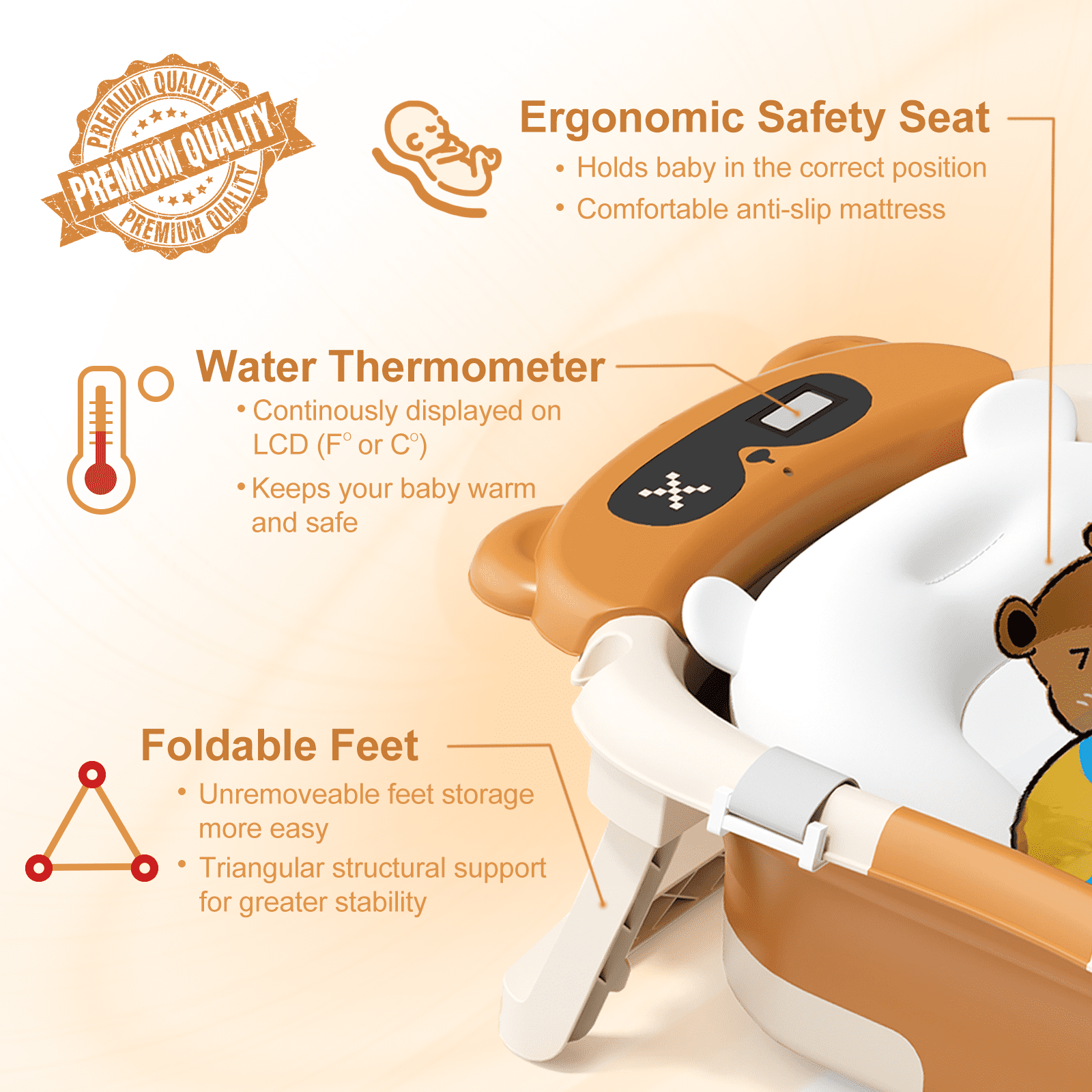 COOSEYA Baby Bathtub ,Collapsible Baby Bathtub , Bath Tub with Cushion and Thermometer ,Newborn to Toddler Portable Travel Multifunctional Bathing 0-2 years (Bear/Brown)