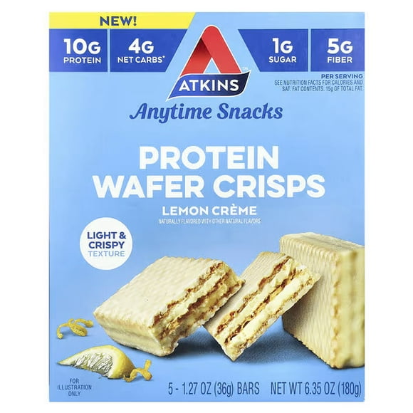 Atkins,Anytime Snacks , Croustilles de Gaufrettes Protéinées, Crème au Citron, 5 Barres, 1,27 oz (36 g) Chacune