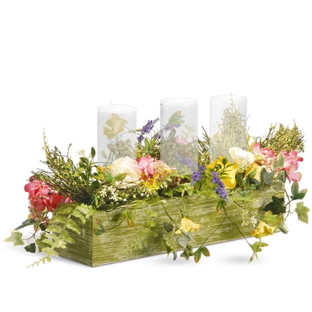 National Tree RAS-BE030147A 22 in. Spring 3 Candleholder Wood Box with Ferns & Mixed Flowers