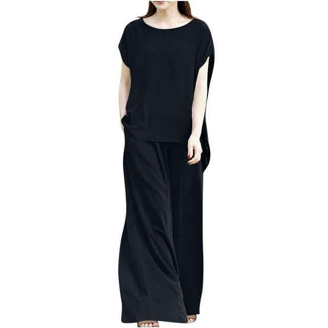 PENGXIANG Ensemble d'Été 2 Pcs pour Femmes, Ensemble Décontracté, Couleur Unie, Col Rond, Pantalon Large