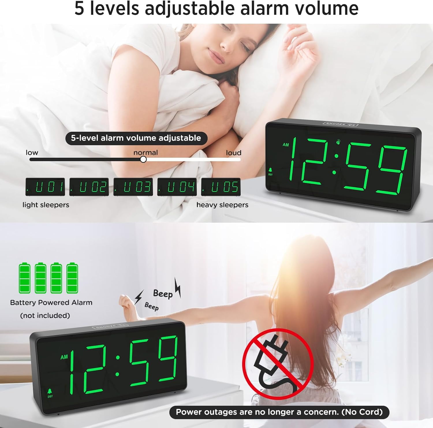 Battery Operated Digital Clock, Alarm Clock for Bedrooms - Cordless Large Big Numbers 4 Dimmers for Seniors, Adjustable Volume Loud Alarm Clock for Heavy Sleepers Adults (Green Digits)
