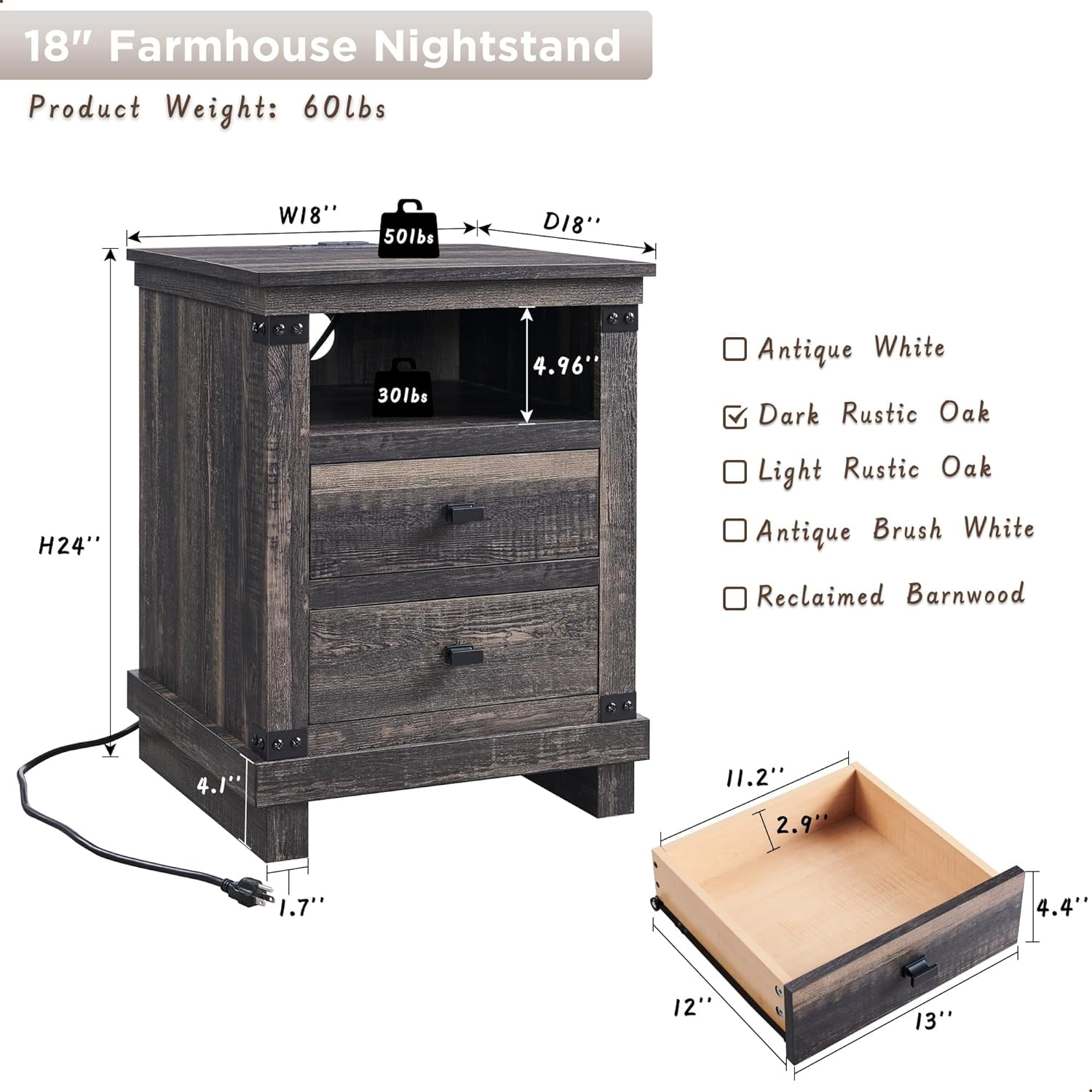 OKD Farmhouse 18" Nightstand with Charging Station, Rustic Metal Wood End Tables with Adjustable Shelves, Side Tables，Dark Rustic Oak