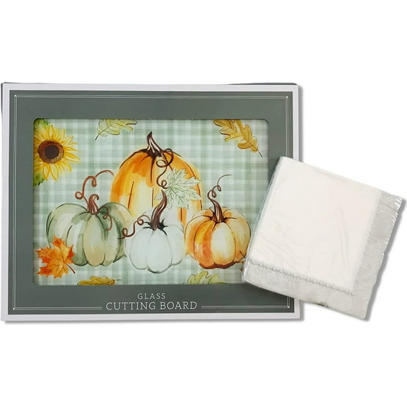 Serafina Home Decorative Glass Kitchen Cutting Board: Modern Farmhouse Pumpkin Gourd Design with Green Plaid Background