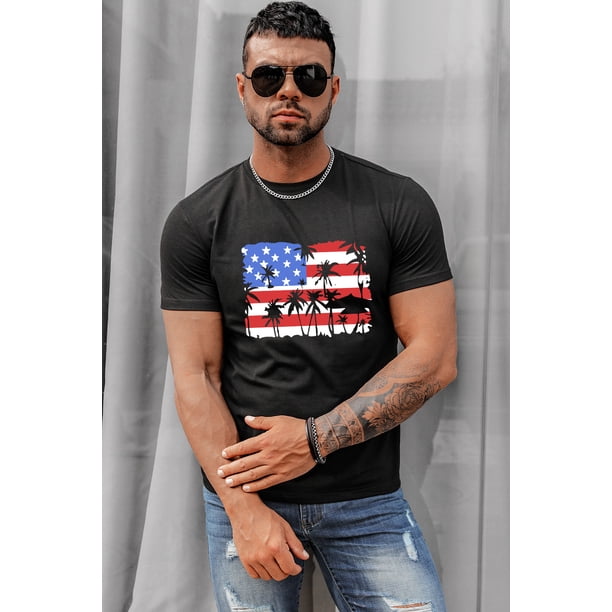 ABPHQTO Camiseta de manga corta con estampado gráfico de la bandera de EE. UU. para hombre de color negro