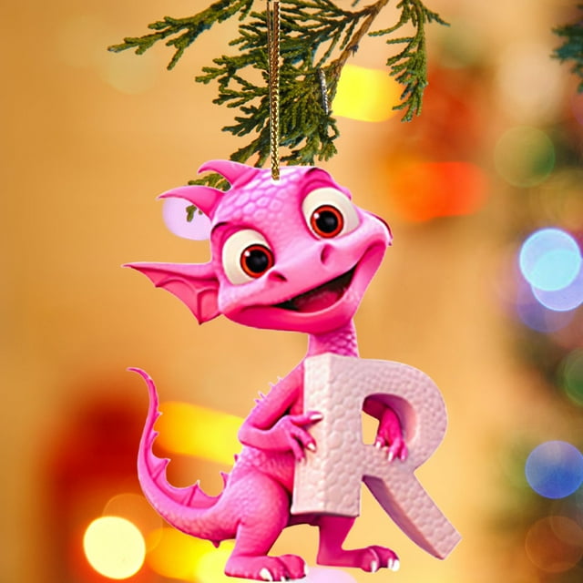 Fridja Personalized Dinosaur Christmas Ornament 26 Letters Hanging Pendant Ornaments 2024 Plastic Initial Monogram Xmas Tree Decorations with Hanging Rope Unique Customized Fun Gift for Kids