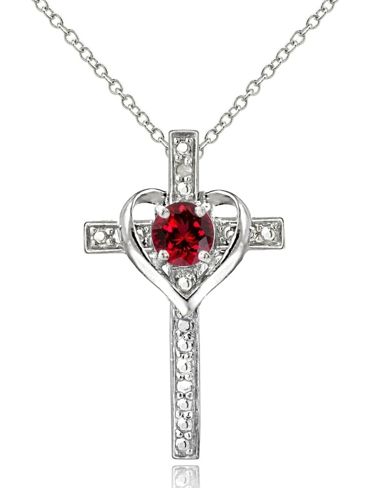 Sterling Silver Created Ruby & Diamond Accent Cross Heart Necklace