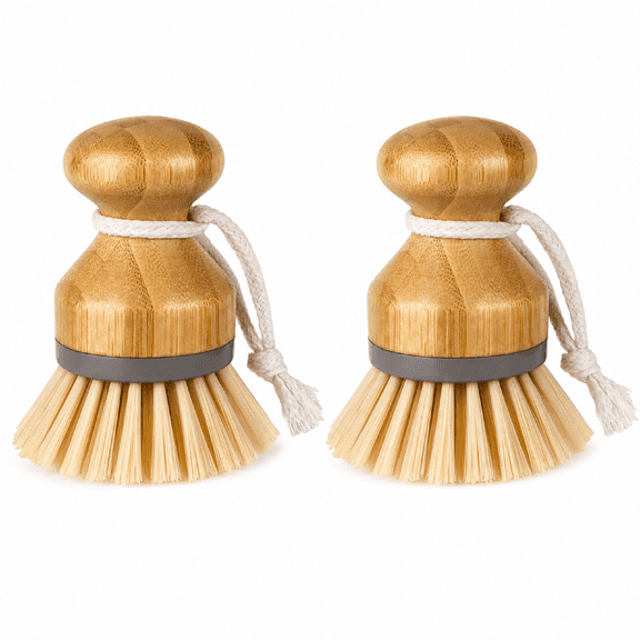 Scrub Brush Bamboo 2 pack Non Scratch Bristles Ergonomic Palm Grip for Dishes Pots Pans Kitchen Sink