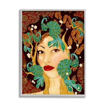 Stupell Industries Boho Woman Regal Peacock Birds Abstract Foliage Pattern, 11 x 14,Design by Sangita Bachelet
