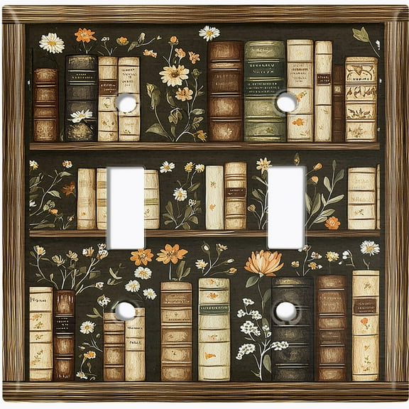 Metal Light Switch Wall Plate Outlet Cover (Printed Image of Vintage Book Shelf - Double Toggle)
