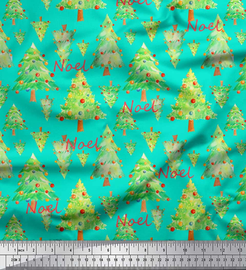 Soimoi Green Japan Crepe Satin Fabric Text & Christmas Tree Print Sewing Fabric Yard 42 Inch Wide
