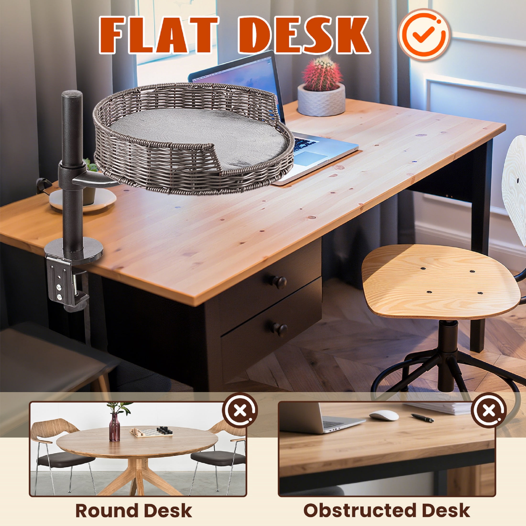 Cat Desk Bed - Kitten Desk Bed with 360° Rotating & Adjustable Height, Elevated Cat Nest Perch for Desk