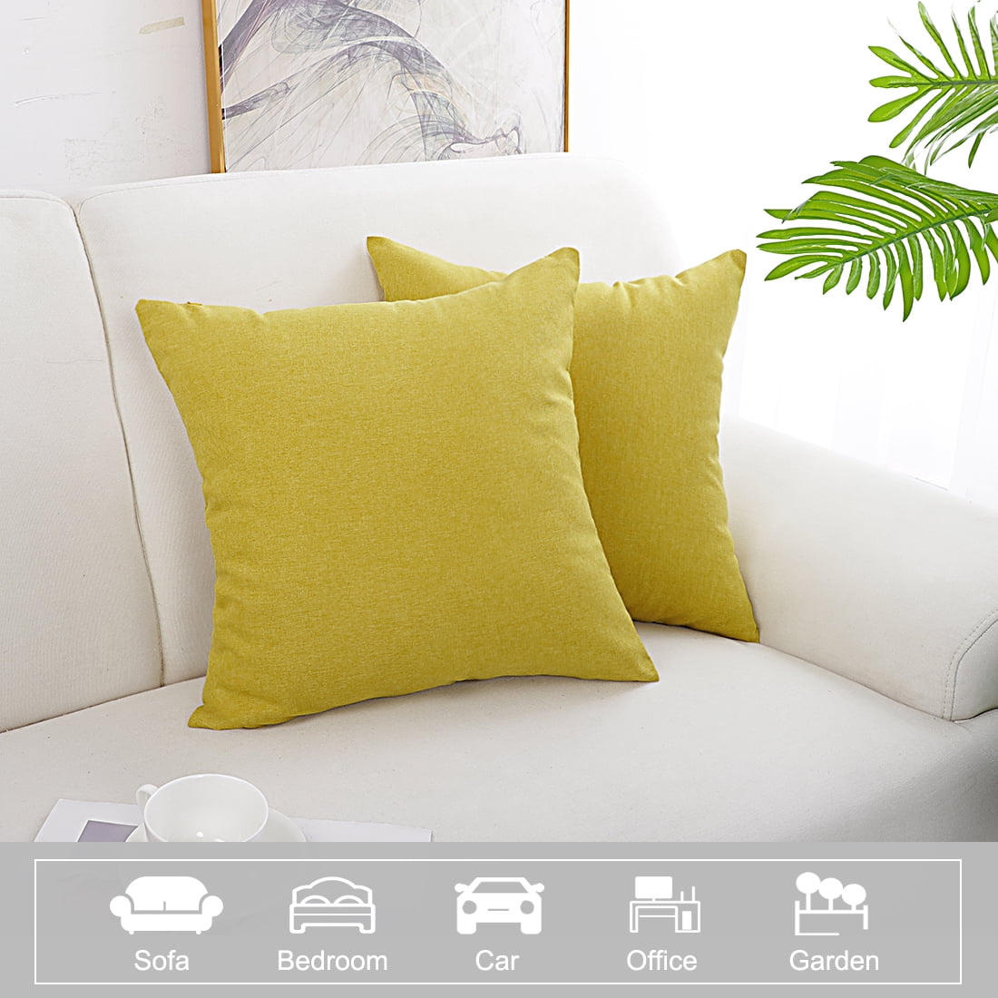 Unique Bargains 2-Pack Solid Waterproof Decorative Throw Pillow Covers Yellow 20" x 20"