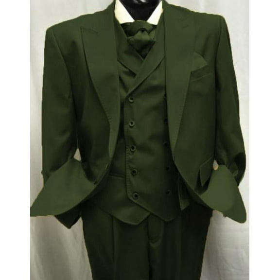 Harvey Style Double Breasted Vest 1920s Great Gatsby Look Wool Single Button Peak Lapel Pleated Pants Olive Green