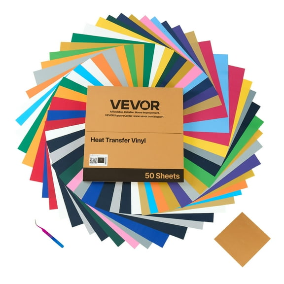VEVOR Heat Transfer Vinyl, 50 Pack, 12 x 12 in, Assorted Colors HTV Iron on Vinyl Bundle, Easy to Cut and Weed, with Accessories, Compatible with Cutting Machines, for Various Materials, T-shirts