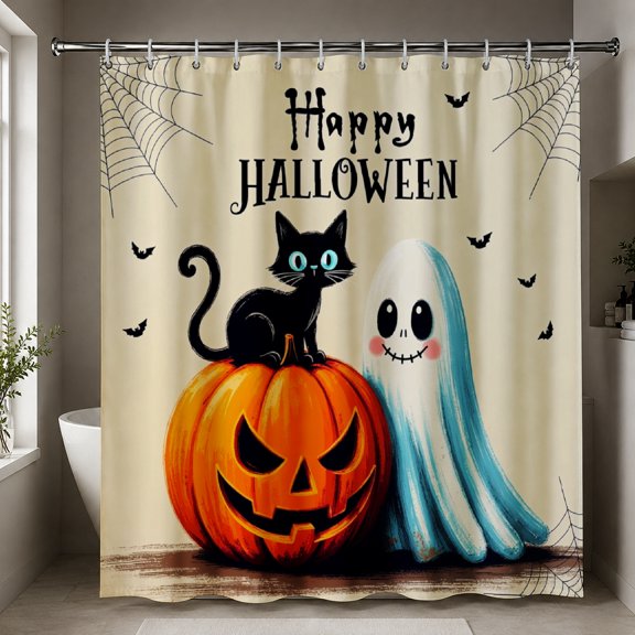 Gelasgo Happy Halloween Cat Ghost Shower Curtain Polyester Fabric Waterproof Bathroom Curtains 72x72 Inch Spooky Pumpkin Bathroom Decor