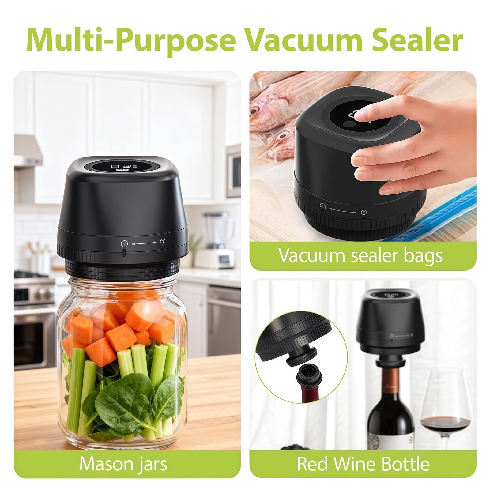 4-in-1 Rechargeable Vacuum Sealer for Mason Jars, Bags & Wine, Automatic Stop, LCD Display, Complete Food Preservation Kit with Pump and 10-Lids
