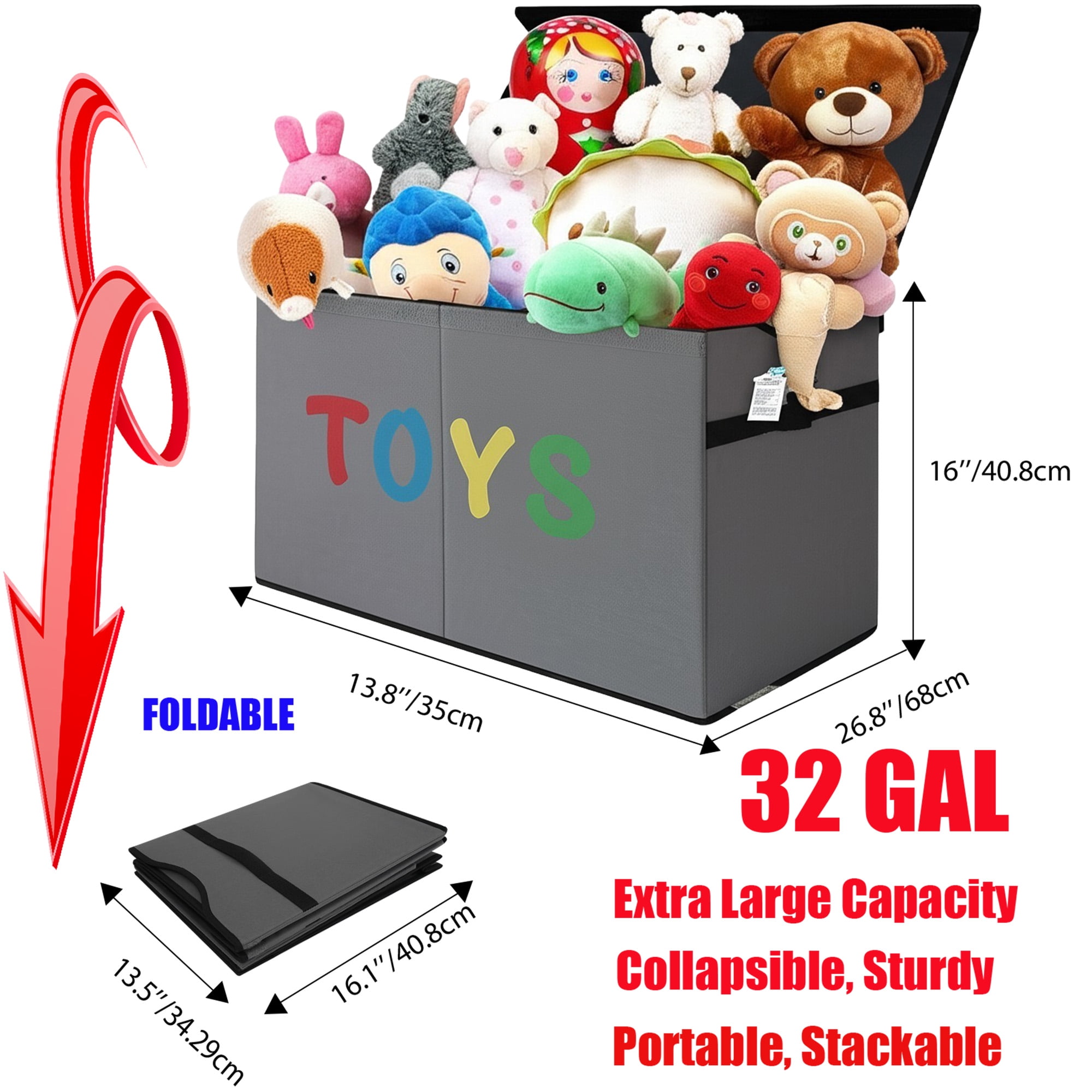 VICTORICH Space-Saving Toy Chest, 32 gal Extra Large Collapsible Toy Storage Bins with Lids for Kids Playroom, Gray