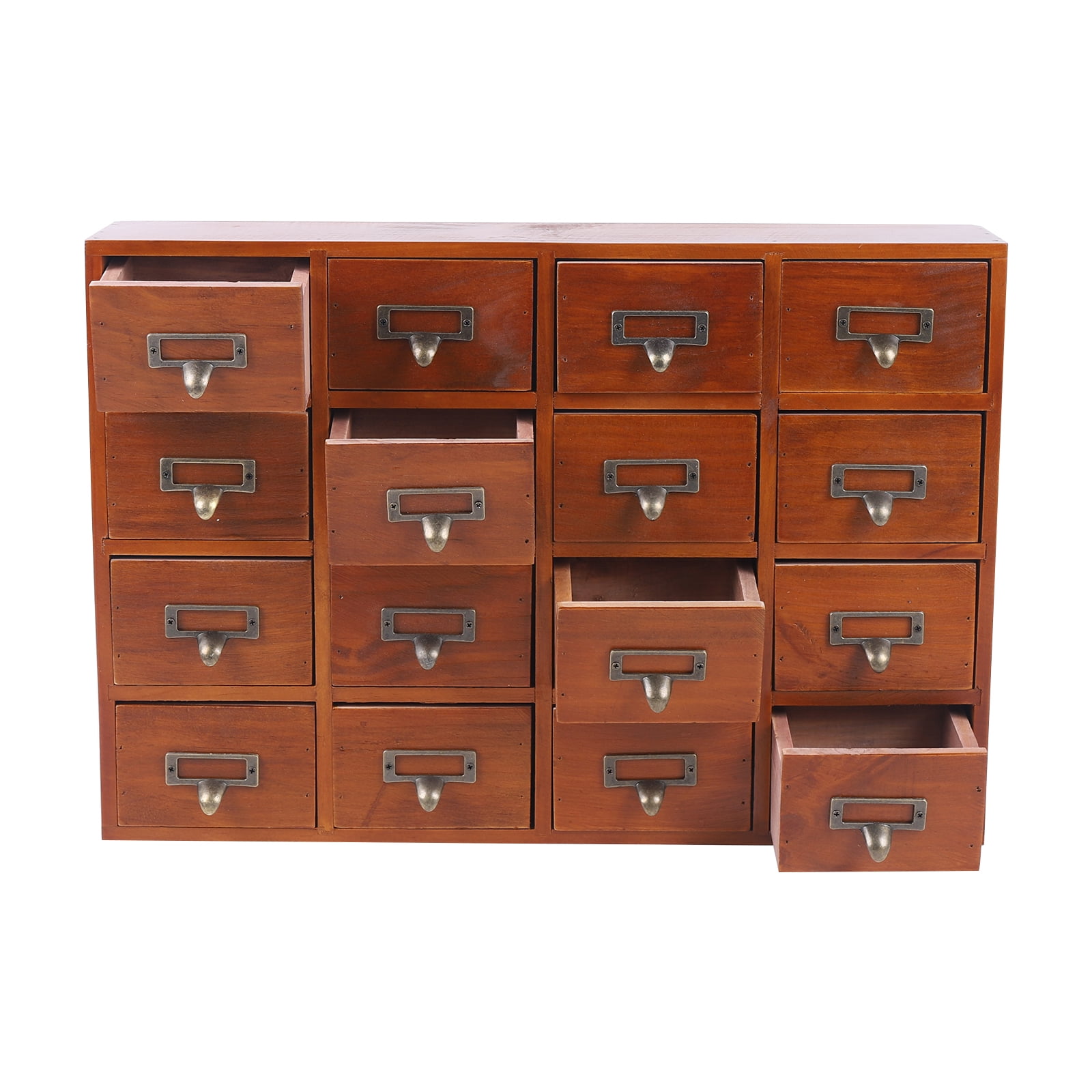 Loyalheartdy 16 Drawers Desk Drawer Organizer Retro Apothecary Medicine Cabinet Wooden Storage Box Label Holder 20x4x14In