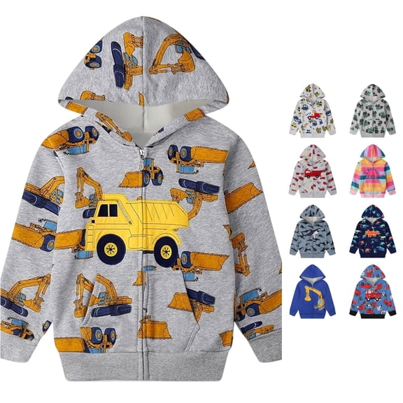 Playtopia Boys Zip Up Hoodie, Construction Vehicle Graphic Full‑Zip Long Sleeve Sweatshirt Jacket For Youth Big‑Kids Boys Girls, Multiple Prints & Colors Available, 1pc, Sizes 110‑160