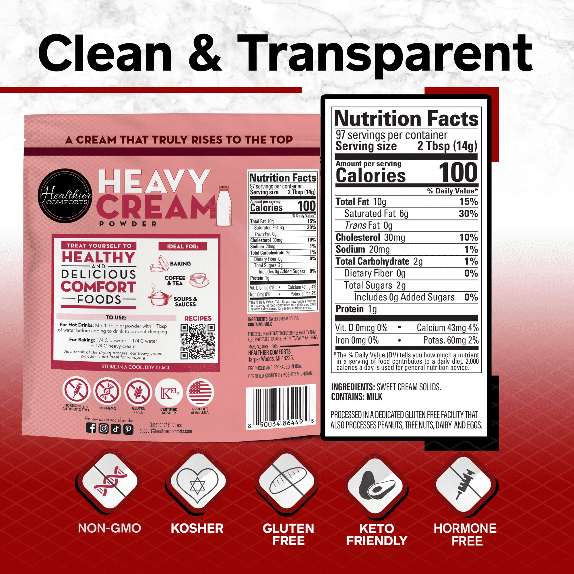 Healthier Comforts Heavy Cream Powder 48oz | 72% Butterfat, Kosher, Gluten Free, Non-GMO, Keto Friendly, Free of Antibiotics & Hormones (rBGH or rBST) | Made in USA