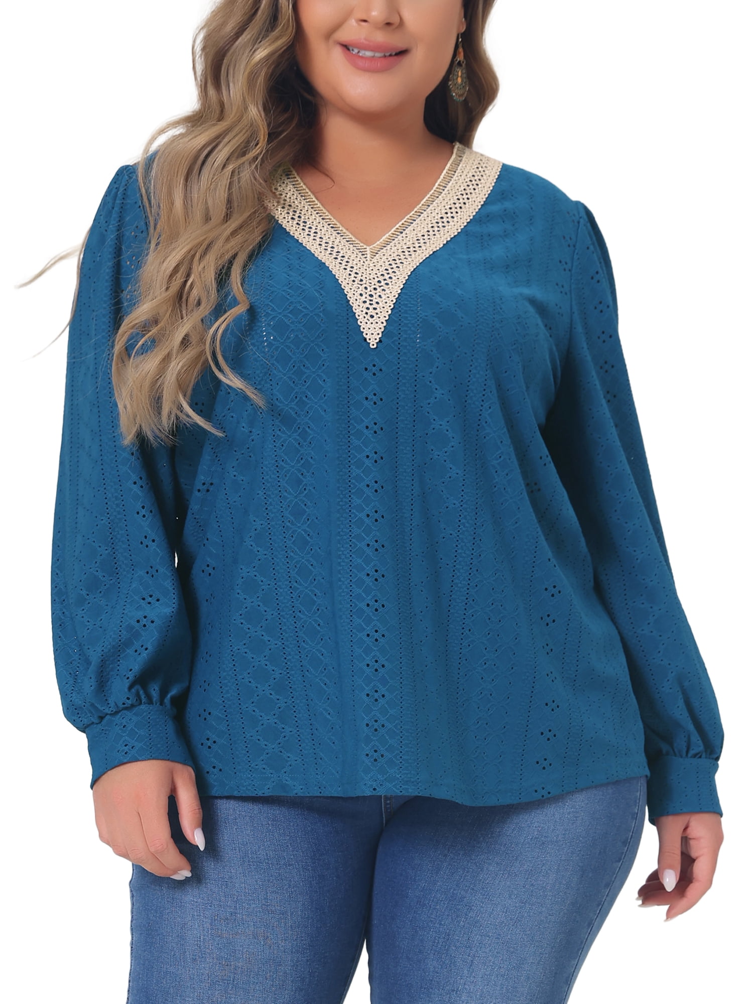 DARING DIVA  Women's Plus Lace V Neck Blouse Casual T Shirt 4X Navy