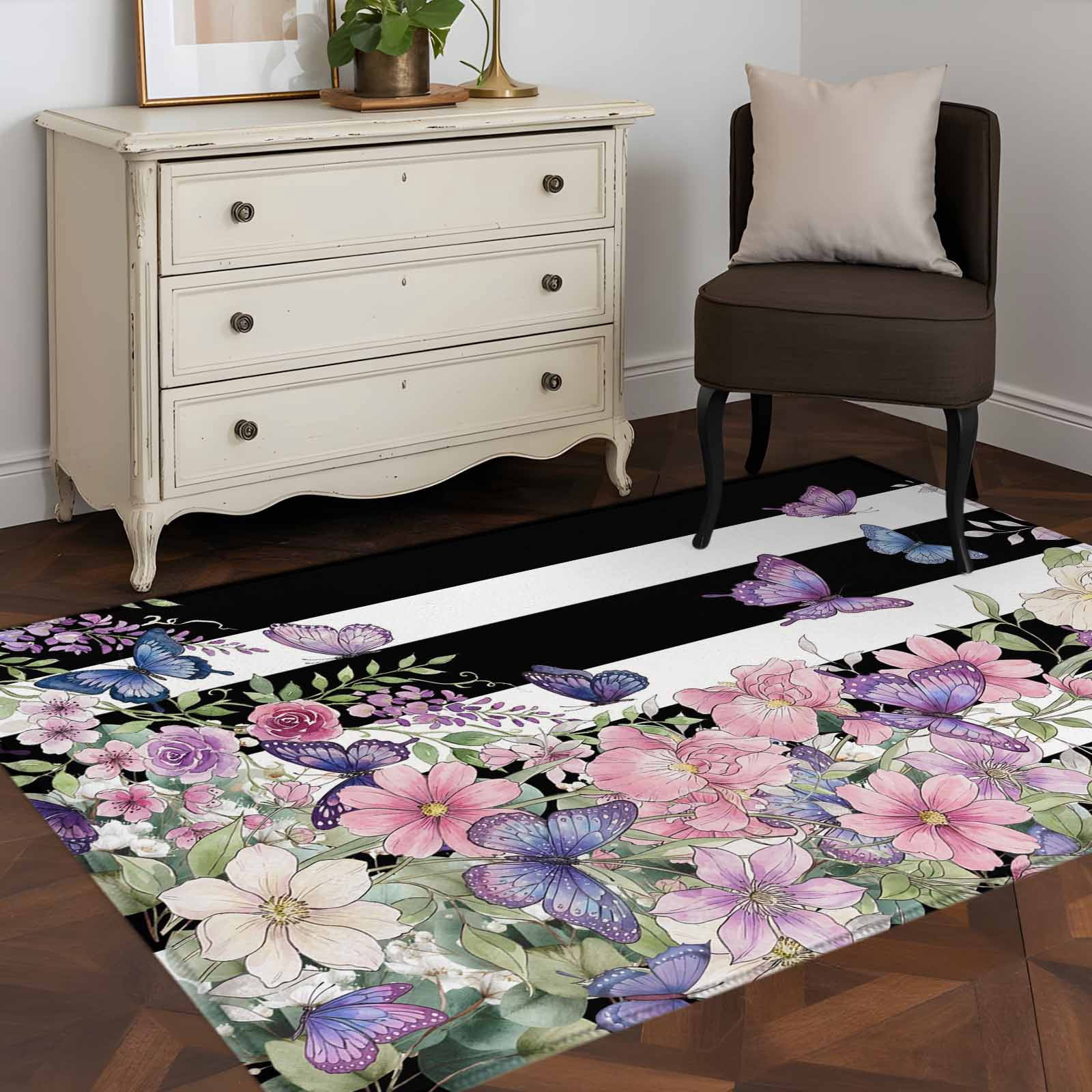 3'x5' Area Rugs, Pink Flowers Indoor Outdoor Area Rug for Living Room Bedroom, Spring Floral Watercolor Botanical Farmhouse Striped Bathroom Rugs Kitchen Floor Carpet Mats Home Decor Aesthetic