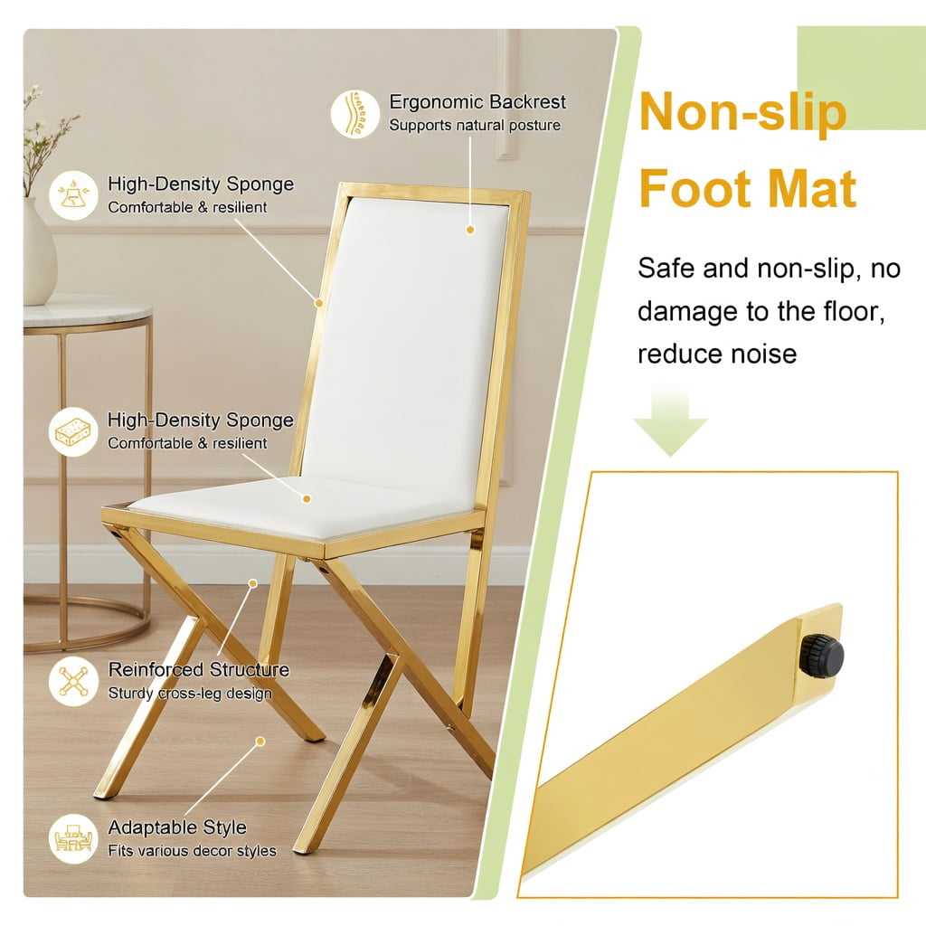 Hommoo 2-Pack Modern PU Leather Dining Chairs with Metal Frame, Ergonomic Back Support, Adjustable Non-Slip Feet, Easy Assembly, White & Gold
