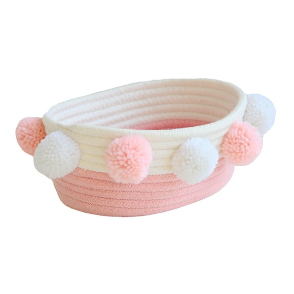 1pc Plush Ball Woven Organizing Basket Cotton Rope Basket Desktop Cosmetics Basket Sundry Storage Box (Pink Plush Ball Storage Basket, Size S)