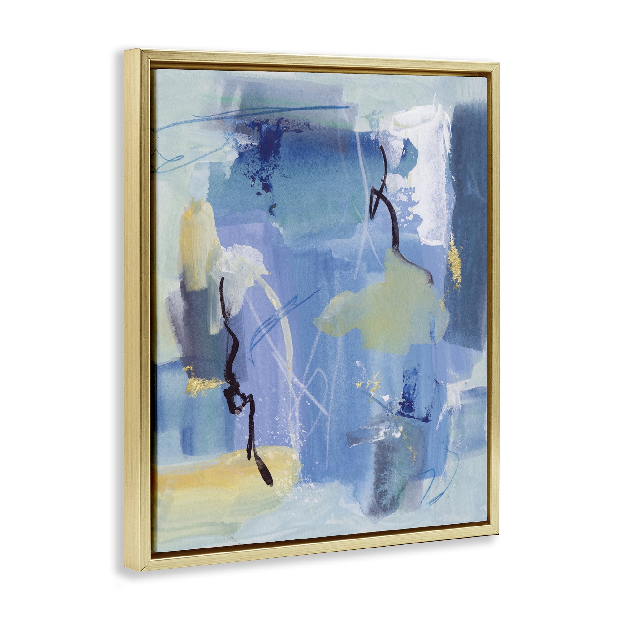 Stupell Industries Blue Abstract Yellow Accents Abstract Painting Gold Floater Framed Canvas Art Print Wall Art, 17 x 21