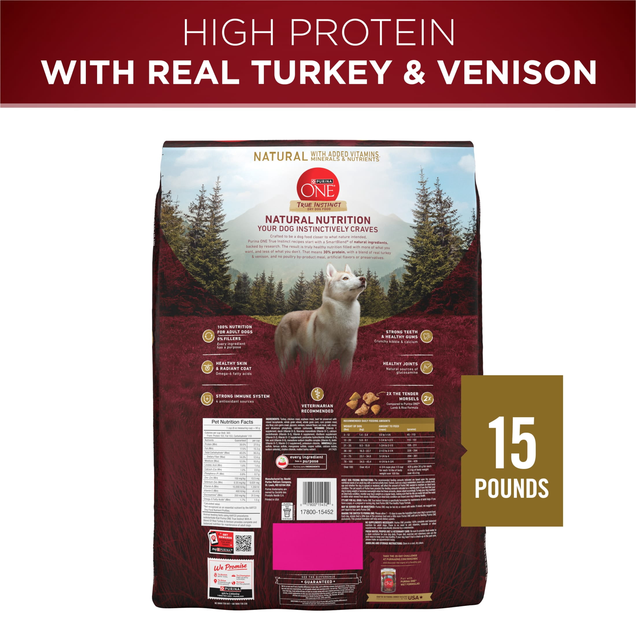 Purina One True Instinct Dry Dog Food for Adult Dogs, High Protein Real Turkey & Venison, 15 lb Bag