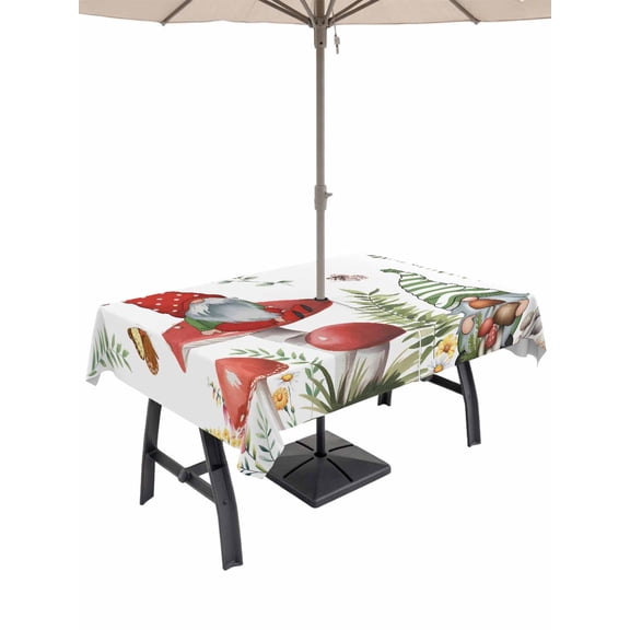 Outdoor Tablecloth with Umbrella Hole for Patio/Picnic/Party/Camping, Gnomes Mushroom Waterproof Table Cloth Rectangle Table Cover Washable, Country Leaves Plants Butterfly Plants (60"x 102")