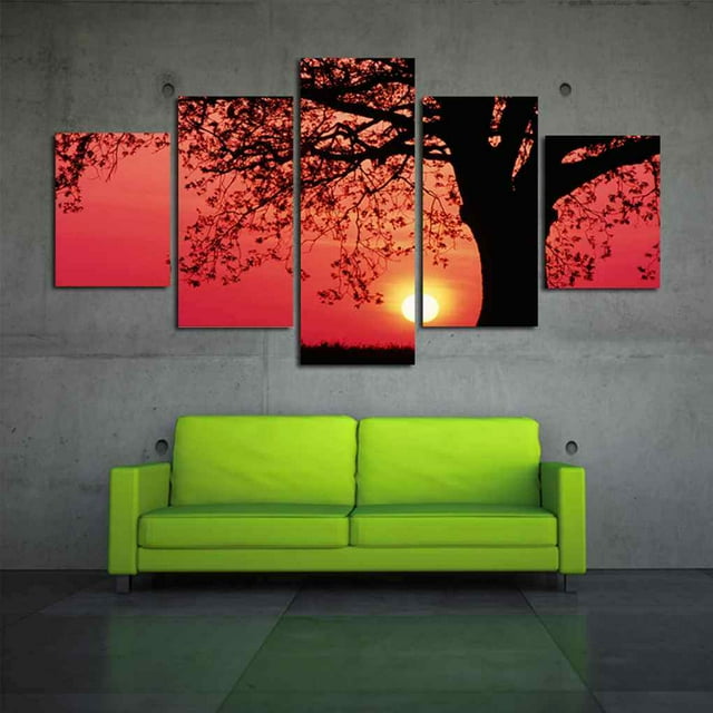 Modular Frame 5pcs Red Sky Sunset Sunset tree Tree Shadow Nature Landscape Canvas Printed Oil Painting Picture Poster